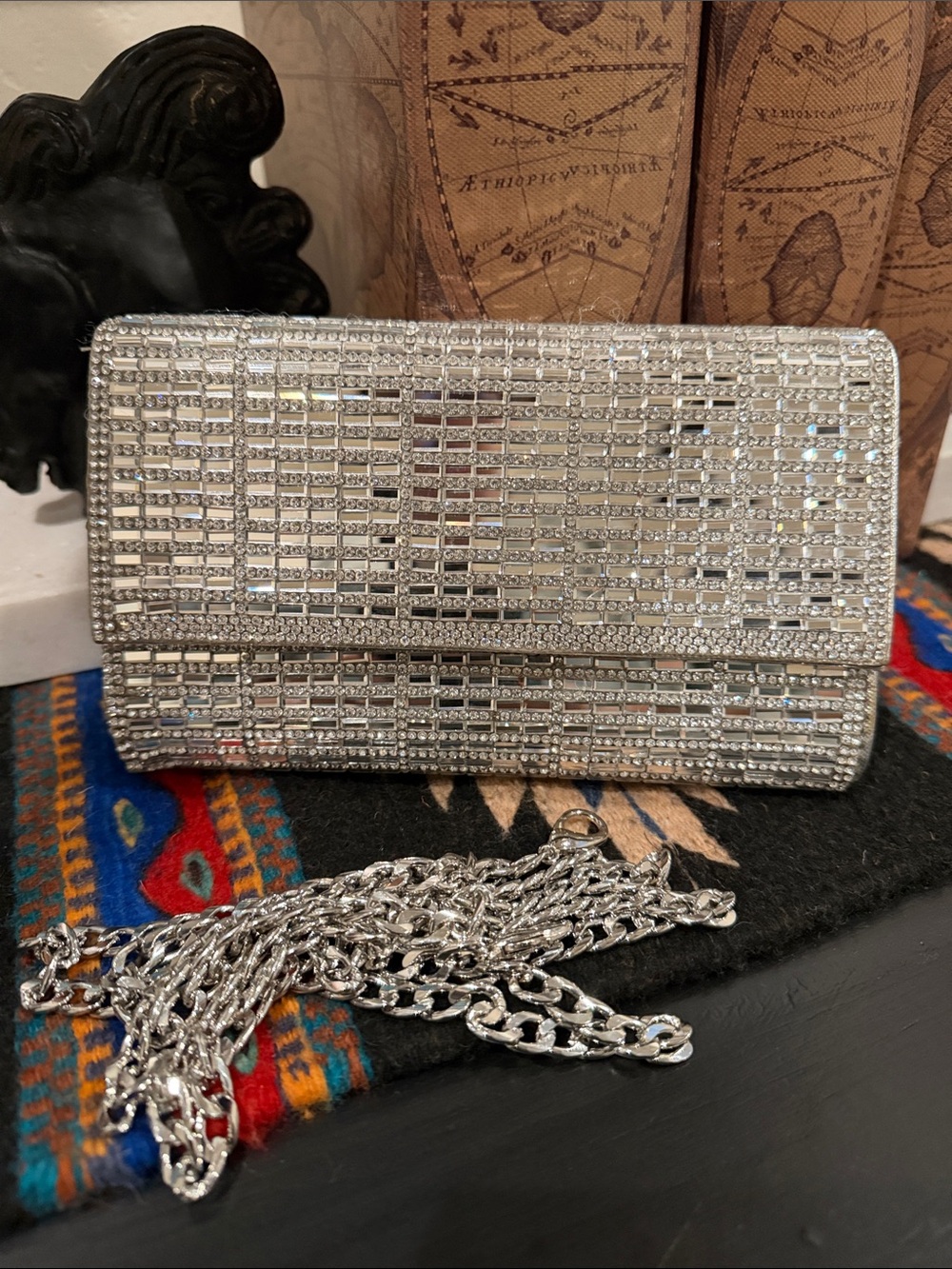 Silver Rhinestone Evening Clutch Bag with Chain Strap